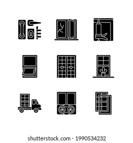Window and door installations black glyph icons set on white space. Locks and levers. Fixing cracked sills and glass. Insulating barrier creation. Silhouette symbols. Vector isolated illustration
