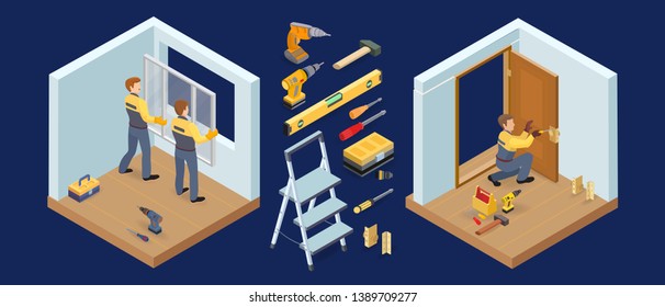 Window and door installing service. Isometric constraction house or interior repairs icons. Worker in uniform, professional tools, window, sill and door leaf. Vector flat 3d illustration.