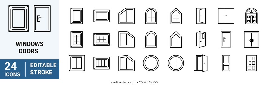 Iconos de la web de la línea de la ventana y de la puerta. puertas de madera, ventanas, puertas plásticas y vidriadas