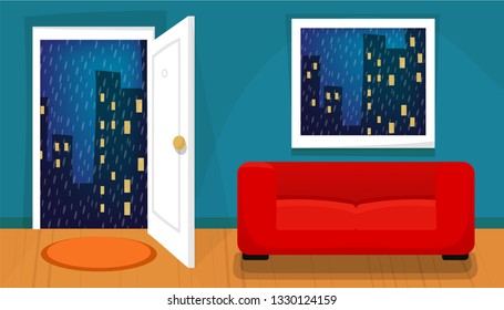 Window, door, red coach. Living room interior with  city view. Open door, windowpane, rainy day, night sky, house, cityscape, wooden floor, drops. Autumn day. Flat cartoon style. Eps 10 vector 