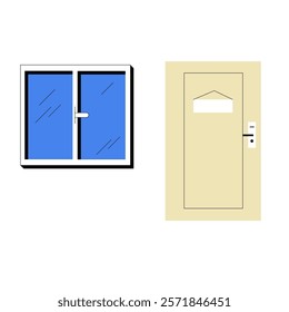 Window And Door Set In Flat Vector Illustration Symbolizing Home Construction, Security, And Architecture, Isolated On White Background