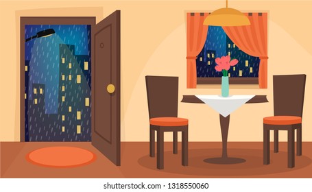 Window, door, table, chairs. Living room interior with city view. Open door, windowpane, rainy night view, curtains, house, cityscape, drops. Autumn day. Flat cartoon style. Eps 10 vector