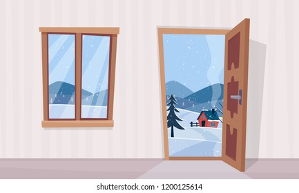 Window and door with winter landscape. Flat cartoon style vector illustration.