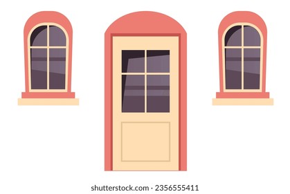 Conjunto aislado delantero de madera de la puerta de la ventana. Ilustración de diseño gráfico plano vectorial