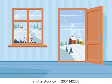 Window and doors into winter landscape. Flat cartoon style vector illustration. EPS 10