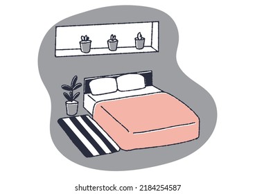 Window and double bed Interior illustration drawn with warm lines
