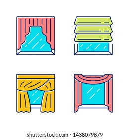 Window drapes color icons set. Roman shades, swags, priscilla curtains, window scarf. Home interior decor. Kitchen, bedroom, living room decoration. Isolated vector illustrations