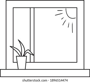 ventana dibujada en contorno blanco y negro. clima soleado y lluvioso afuera de la ventana. Flor interior. ilustración vectorial.