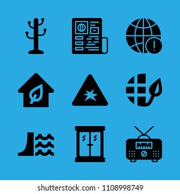 window, ecology, eco house, dam, radio, rack, newspaper, explosive and worldwide vector icon. Simple icons set