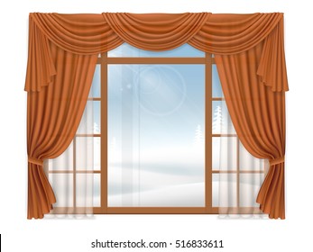 Window with elegant curtains and winter landscape outside. Vector realistic illustration. Interior element.