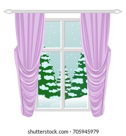 Window with elegant pink curtains. Winter landscape outside the window. For home design, apartment, cottage .Cartoon. Vector.