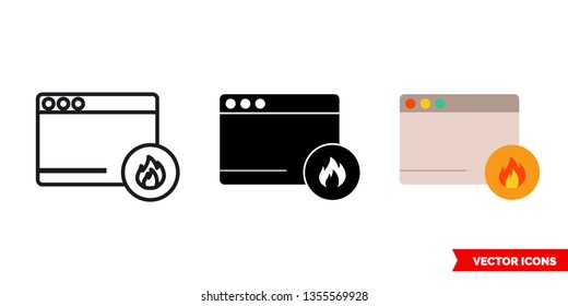 Window error icon of 3 types: color, black and white, outline. Isolated vector sign symbol.