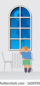 Window at evening. Moon and tree outside. Small boy is waiting and traying to look thru window.