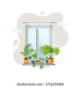 Window with exotic potted plants. Home gardening, urban jungle, house plant concept. Great for interior, banner, poster, flower shop. Vector illustration.