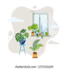 Ventana con plantas exóticas macetas. Jardinería casera, jungla urbana, concepto de planta doméstica. Excelente para interiores, pancartas, afiches, floristería. Ilustración vectorial.