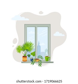 Window with exotic potted plants. Home gardening, urban jungle, house plant concept. Great for interior, banner, poster, flower shop. Vector illustration.