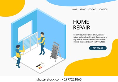 Window expert or Home repair illustration isometric, a handyman is installing window, isometric vector illustration concept for website, flyer, banner, home page, landing page, etc