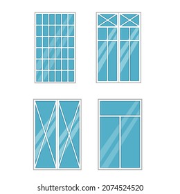 Exterior de la ventana. Varios tipos de armazones de vidrio. Fachada del edificio residencial. La decoración de las paredes de la casa. Bordes con doble casamiento y superficies reflectantes. Conjunto de elementos arquitectónicos de vectores
