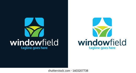 Window Field Sun Garden Logotype. Farmer Home Eco Logo 