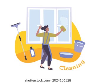 Ventana de composición plana con carácter de empleada doméstica con herramientas y ventana de limpieza de detergentes químicos con ilustración de vector de texto editable