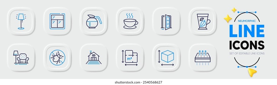 Window, Floor plan and Coffeepot line icons for web app. Pack of Bed bugs, Open door, Armchair pictogram icons. Box size, Breathable mattress, Mint leaves signs. Terrace, Cappuccino. Vector