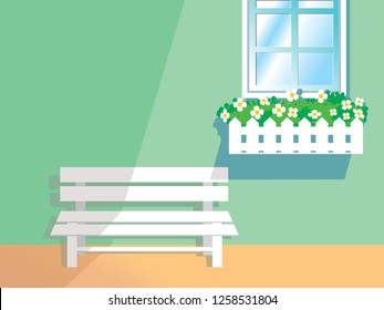 Window Flower Box Planters and white Bench vector illustration landscape
