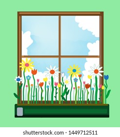 Window and flower box in spring. Vector graphic illustration