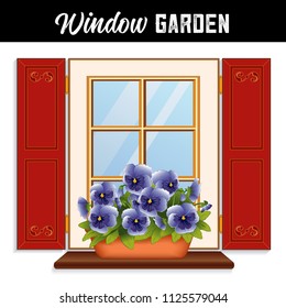 Window Flower Garden with blue sky pansies in clay planter on a wooden shelf, window pane, red shutters with scroll decoration.