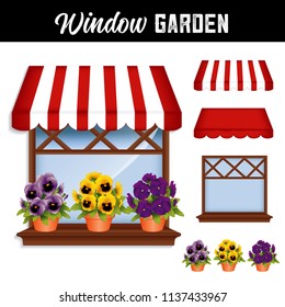 Window Flower Garden with lavender, gold and violet purple pansies in clay flowerpots on wooden shelf, glass window pane, red and white stripe awning, isolated on white background. 