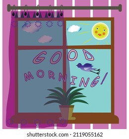 A window with a flower pot as a good morning card.