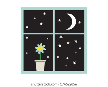 Window with a flower pot on a background of stars and crescent