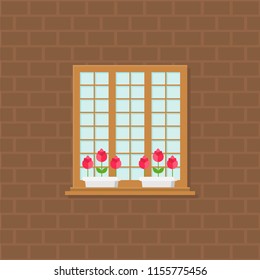 window and flower pot on brick wall illustration, flat design
