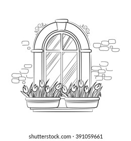 Window with flower tulips. Hand drawn sketch illustration isolated on white background