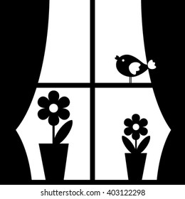 Window with flowers and bird.