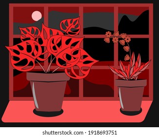 Window and flowers in pots at night. Illustration in Red Tones