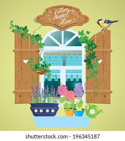 Window and flowers in pots, tomtit bird and handwritten text Home, Sweet Home. Summer or spring season.