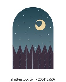 Una ventana a la selva con noche estrellada y luna en flor en estilo plano de dibujos animados. Ilustración vectorial escandinava