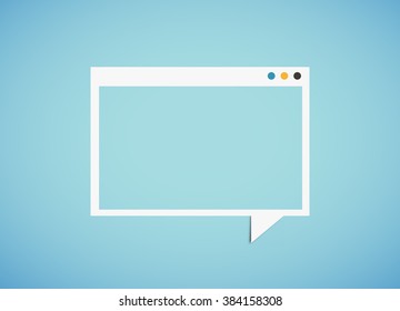 Window form screen, copyspace, design blank space, mock up, white square speech bubble on paper blue background.