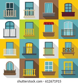 Window forms icons set balcony. Flat illustration of 16 window balcony vector icons for web