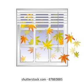 Window frame in fall season with autumn leaves isolated on white background