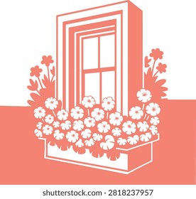 Window frame with flower box vector illustration pink coral house window with blooming floral planter box balcony garden cottage decor graphic isolated on white background, window, frame, flower, flowers, box, planter, planterbox