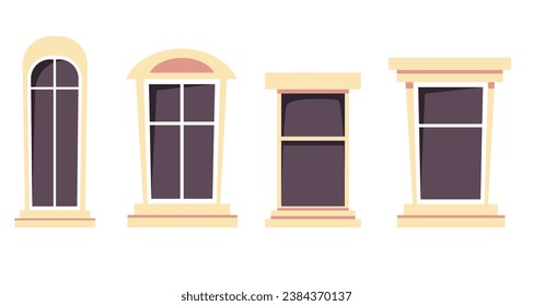 Window frame home balcony front view isolated on white background set. Vector graphic design element illustration