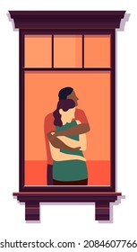 Fensterrahmen mit Umarmung von Menschen innen. Leben der Nachbarn