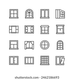 Window Frame, linear style icon set. Various shapes and styles of windows for residential and commercial buildings. Classic and modern glazed openings with functional elements. Editable stroke width