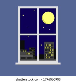 Window frame with moon and city view at night