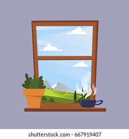 Window frame with mountain landscape, cup of coffee and potted plant. Vector illustration