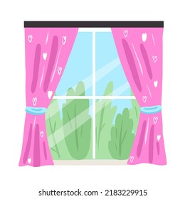 Fensterrahmen mit rosafarbenem Vorhang im Cartoon-Stil