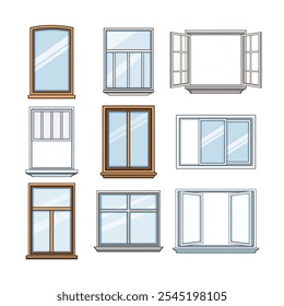 desenho animado conjunto de molduras de janela. mullion de vidro, casement de transom, jamb muntin sinal de moldura de janela.