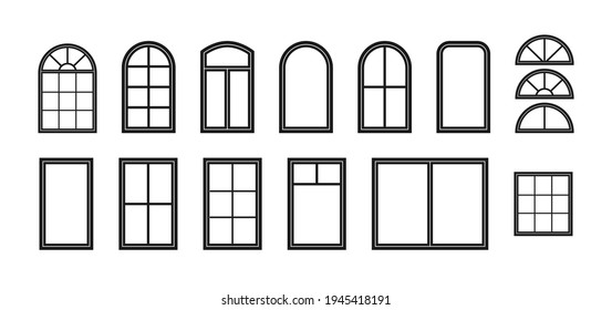 Window frame. Silhouette of window. Outline icon of house, building and facade. Black decorative arch and frame for office, architecture. Closed balcony in wall. Editable exterior isolated. Vector.