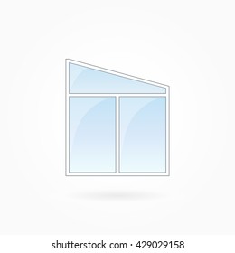 Window frame vector illustration, double modern window with trapezium top. White plastic window with blue sky glass, outdoor objects collection, flat style. Editable isolated design element. Eps 10.